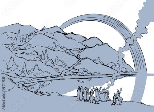 Vector drawing. Noah Offers a Sacrifice to God