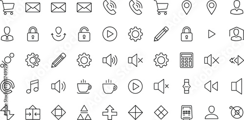Universal User Interface Line Icons Set with Media Controls, Communication, Shopping Cart, Security Locks and Navigation Symbols Vector Collection