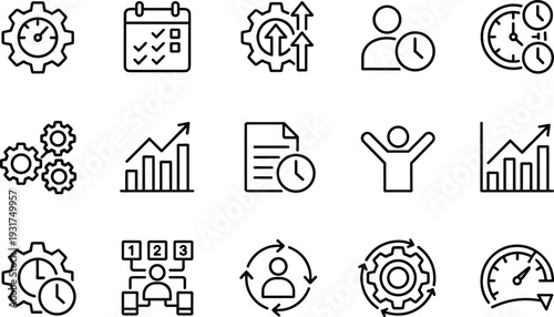 Time management and productivity line icons set with schedule planning performance growth efficiency vector illustration collection