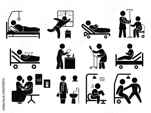 patient hospital facilities stick figure icon collection with bed television nurse and visitor symbols.