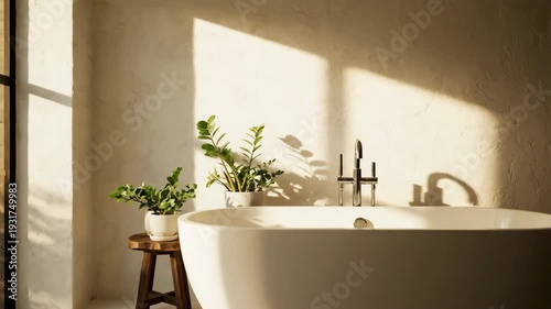 Modern bathroom interior with white bathtub, plants, stool, and sunlight streaming through window, serene home spa concept.