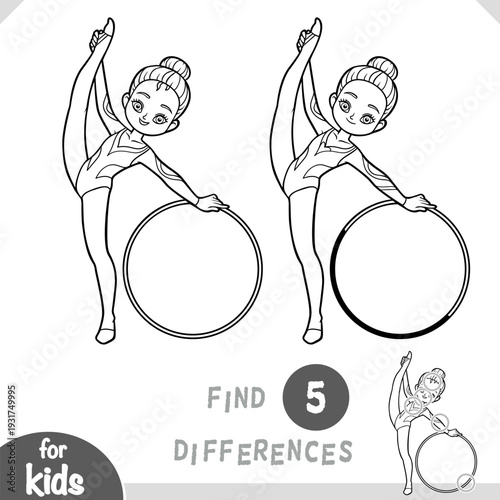 Find differences educational game for kids, Asian gymnast girl with a hoop. Black and white outline illustration for coloring pages. Fun printable worksheet for kids sport clubs