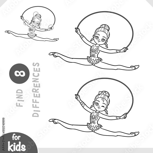 Find differences educational game for children, The African gymnast girl jumping rope. Black and white outline illustration for coloring pages. Printable worksheet for kids sport clubs