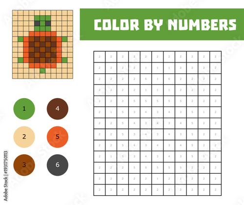 Cute turtle ocean animal from pixel blocks. Color by number educational game in coloring page format for children. Square grid puzzle for practicing numbers and colors