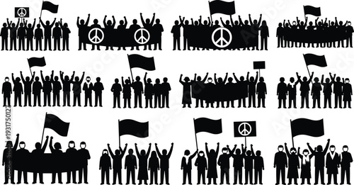 Protest crowd silhouettes with flags banners and peace symbols demonstrating for rights and social justice isolated on white background vector illustration set