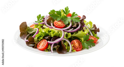 Fresh and vibrant salad with tomatoes, lettuce, and onions on white background cut out on PNG. AI GENERATED.