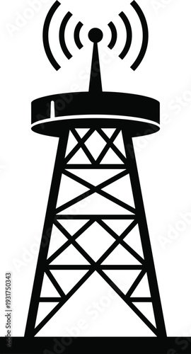 Radio communication tower silhouette with signal waves isolated on white background wireless network antenna icon vector illustration for telecommunications technology concept