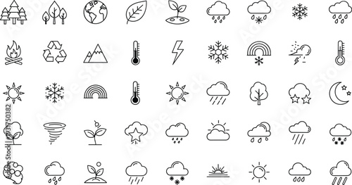 Weather and Nature Thin Line Icons Set with Sun Cloud Rain Snow Temperature Rainbow Storm and Environmental Symbols Vector Collection