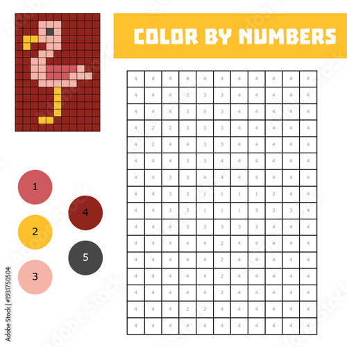 Cute flamingo from pixel blocks. Color by number educational game in coloring page format for children. Square grid puzzle for practicing numbers and colors