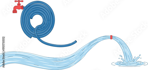 Garden Water Hose with Faucet and Flowing Water Stream Irrigation Equipment Illustration Isolated on White Background Vector Design