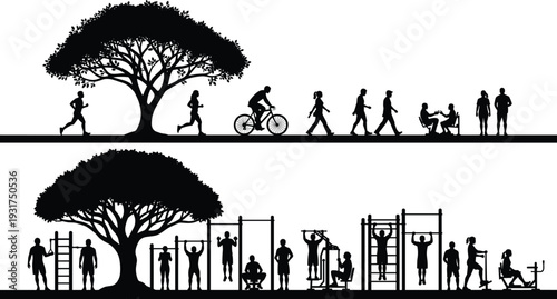 Outdoor fitness park silhouettes with people running cycling walking and exercising on street workout equipment under tree isolated on white background vector illustration