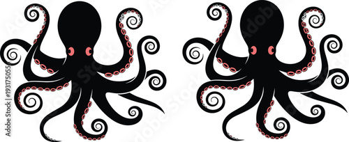 Stylized symmetrical black octopus illustrations with pink suction cups and eyes, dynamic tentacle design perfect for marine artwork, creative vector projects, and educational stock content