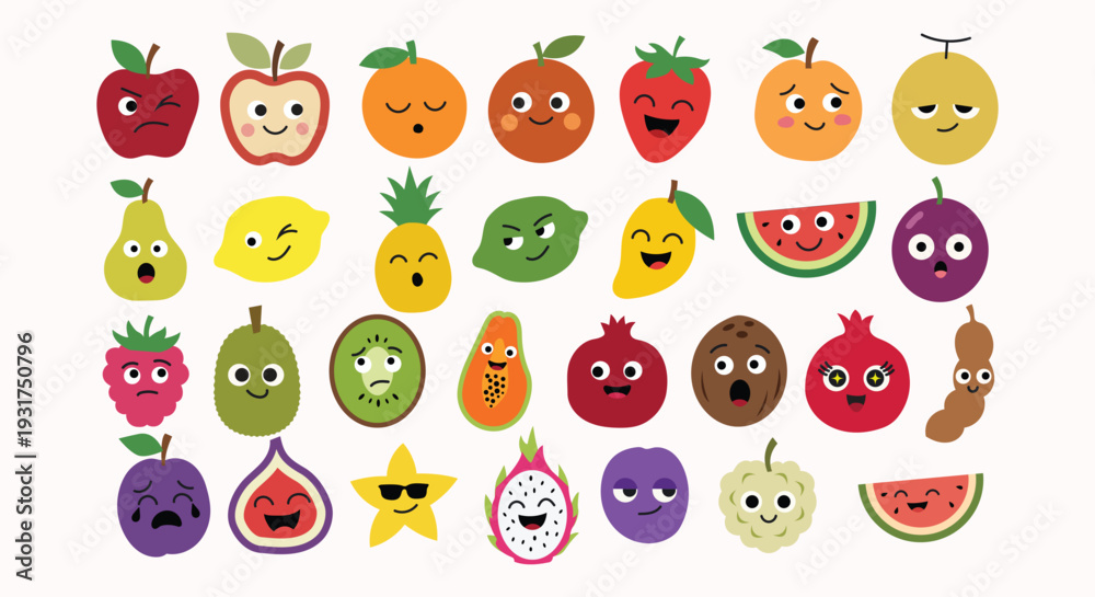 Obraz premium Cute Colorful Fruit Character Collection with Happy Cartoon Food Illustrations