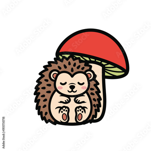 Adorable Hedgehog Hugging Mushroom.