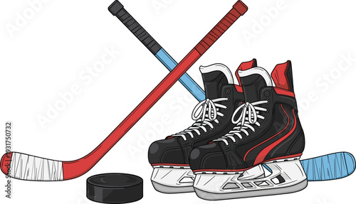 Ice Hockey Equipment Set with Skates Sticks and Puck Professional Winter Sport Gear Vector Illustration Isolated on White Background