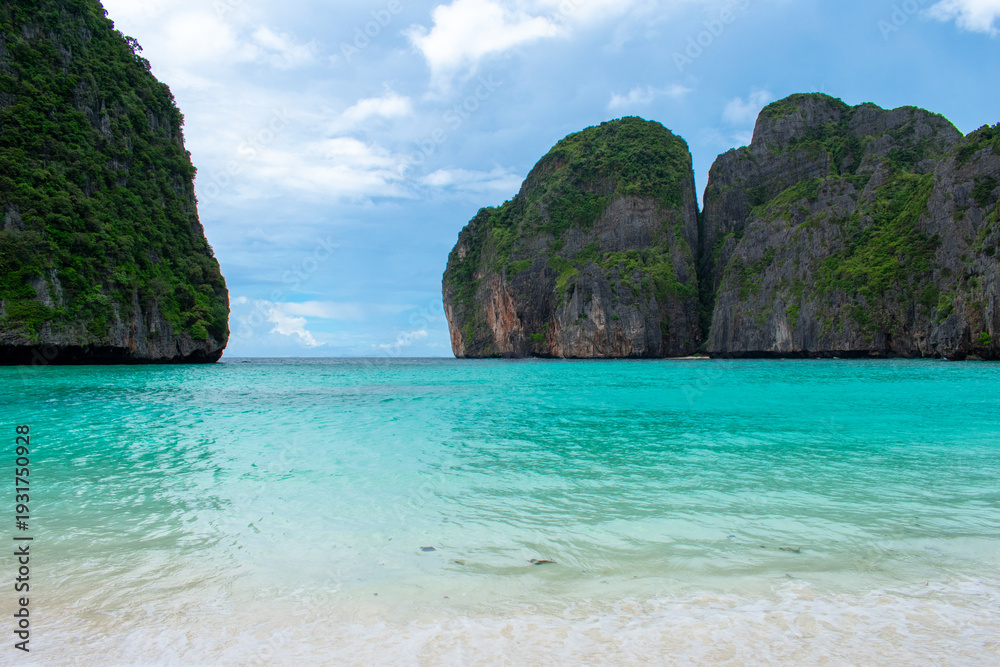 Fototapeta premium View of famous Maya Bay, Thailand. One of the most popular beach in the world. Ko Phi Phi islands. Beach without people.