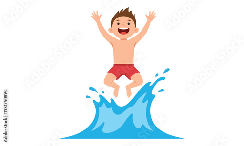 Cartoon Boy Jumping from Water with Splashes on White Background