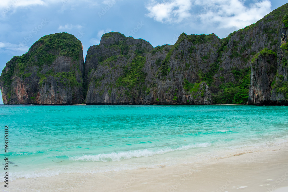 Fototapeta premium View of famous Maya Bay, Thailand. One of the most popular beach in the world. Ko Phi Phi islands. Beach without people.