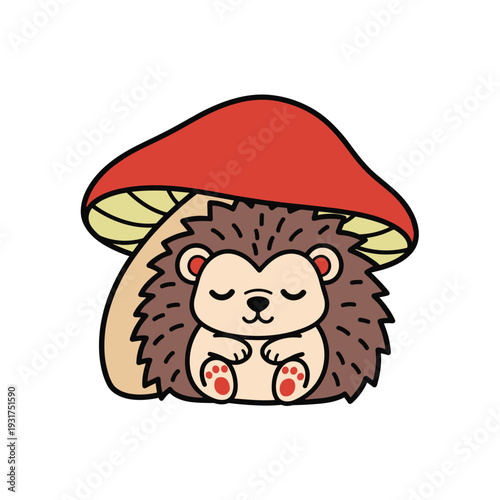 Cartoon Hedgehog Relaxing Under Red Mushroom.