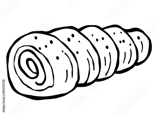 Cream filled pastry roll in hand drawn outline style. Black and white vector illustration designed for coloring pages. Dessert artwork for bakery menus, cafe branding and food design project