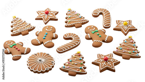 Assorted gingerbread cookies in various shapes isolated on transparent background