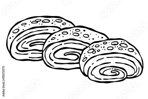 Sweet yeast rolls in hand drawn outline style. Black and white vector illustration for coloring pages. Dessert artwork for bakery cafe menus and food design project