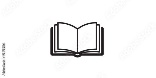 Single black and white open book icon, flat solid vector illustration, minimal design, centered composition, isolated on white background, clean simple style.