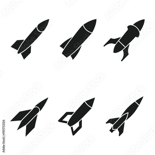 Five black rocket in different styles and angles space silhouette launch