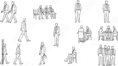 Business, People, Outline, Sketch, Corporate, Teamwork, Meeting, Office, Professionals, Walking, Sitting, Discussion, Collaboration, Vector, Illustrati