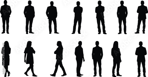Business, People, Silhouettes, Corporate, Professionals, Office, Team, Standing, Walking, Men, Women, Black, Isolated, Vector, Illustration, Collection, Formal, Workplace, Design, Profile