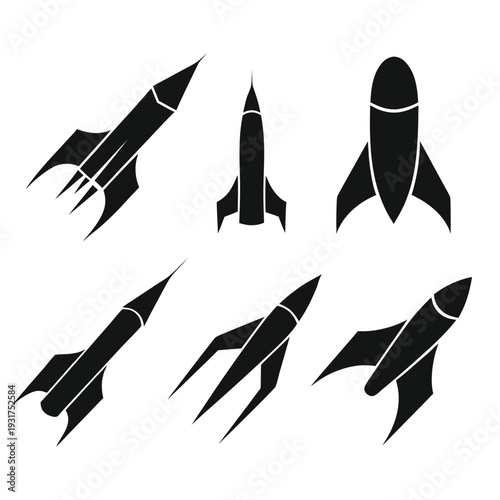 Six black and white rocket ship with different space exploration