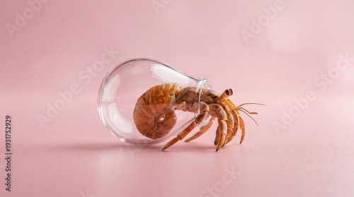 Hermit crab using a clear light bulb as a shell conceptual art