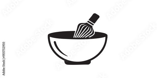 Single black and white matcha bowl icon, flat solid vector illustration, minimal design, centered composition, isolated on white background, clean simple style.