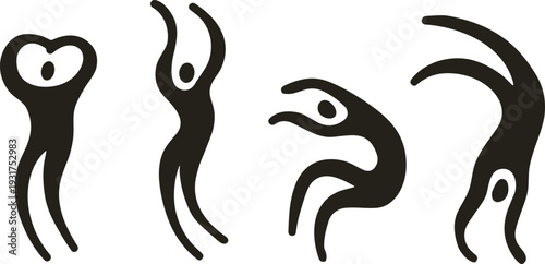 Black Silhouette Collection of Abstract Dancing Figures, Stylized Human Forms in Motion, Contemporary Artistic People Poses Isolated on White Background Vector.