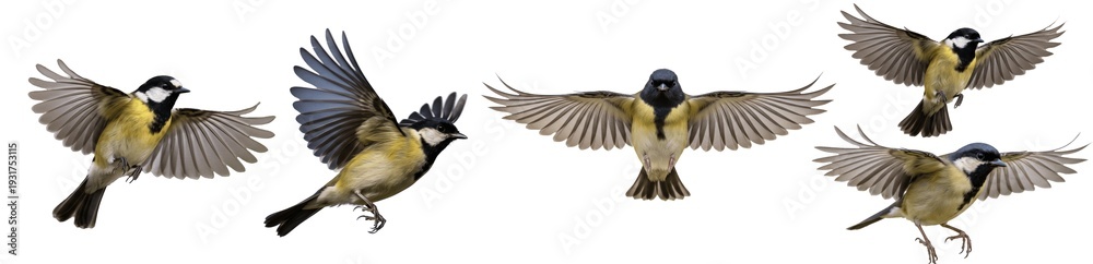 Fototapeta premium Dynamic Great Tit Bird Characters in Various Flying Poses Isolated on White Background PNG for Nature and Wildlife Illustration Design Set Bundle