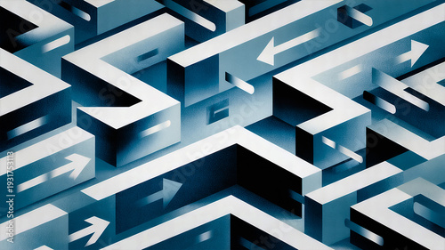 isometric 3d blue maze with directional arrows, strategic flow