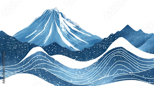 Serene blue mountain landscape with snowy peaks and flowing waves