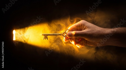 Hand holding an old key unlocking a mysterious door with golden light streaming out.