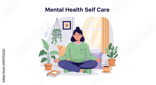 A woman practices meditation for mental health and self care in a serene indoor setting with plants and a book.