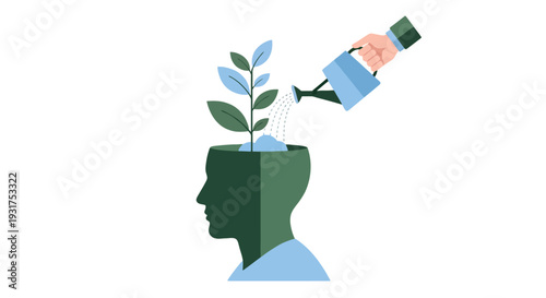 Illustration of a person's head with a plant growing out of it, being watered by a hand holding a watering can, symbolizing mental health self care.