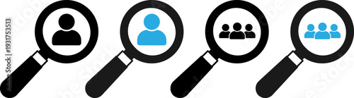 Magnifying glasses reveal people and groups in business search concept