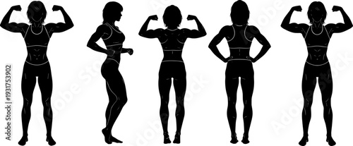 Female bodybuilder silhouettes collection, muscular woman flexing pose vector set, isolated black flat illustration for fitness, strength training design