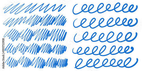 Variations of blue handwritten lines and curves on a white background