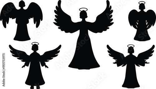 Black Silhouette Collection of Christmas Angels with Wings and Halos, Spiritual Heavenly Figures, and Divine Guardian Icons Isolated on White Background.