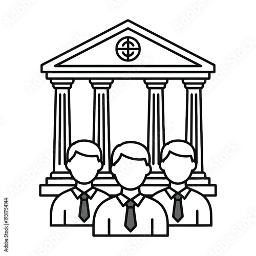 Three professional figures stand united beneath a grand classical architectural structure symbolizing governance and collaboration in a minimalist line art style