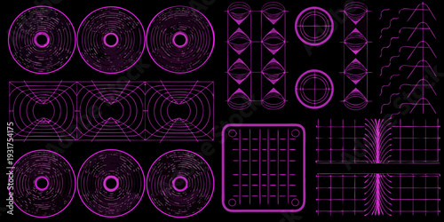 Abstract geometric patterns in purple and black resembling scientific diagrams