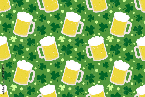 Seamless beer mug, clover and polka dot pattern. Great for party decorations, invitations, wrapping paper and festive merchandise.