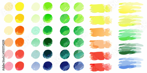 Abstract arrangement of colorful paint swatches in varying shades