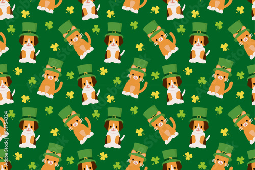 Cute seamless pattern with cat and dog wearing leprechaun hats and clover accents. Ideal for kids fabric, nursery decor, scrapbook and festive crafts.