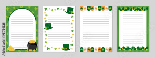 A4 St. Patrick’s Day frame set with pot of gold, coins, clover, Irish flag, hat and horseshoe. Ideal for invitations, greeting cards, party posters, worksheets and festive paper designs.